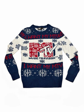 MTV "I Want My MTV" Ugly Christmas Knit Sweater Retro 90s Y2K Style Small